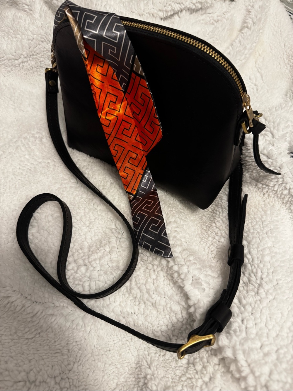 Portland Leather Black Crossbody Bag with Orange Accent Scarf